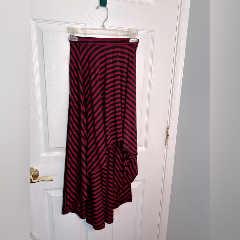 Poof! Steam Punk Asymmetrical Maroon/Black Striped Skirt